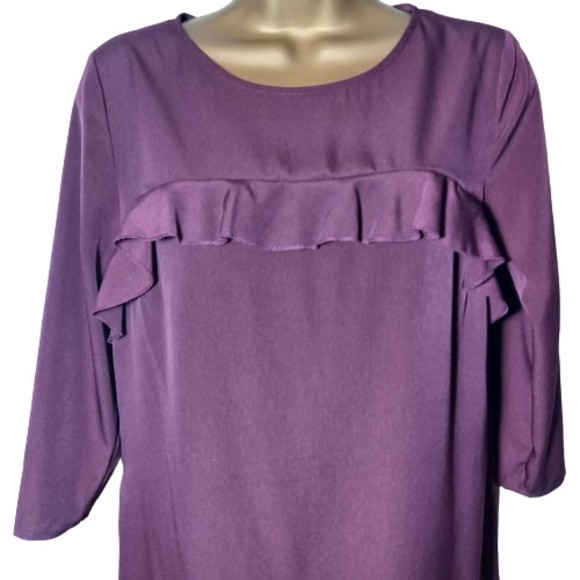 Size 10 Ruffle Dark Purple ½ Sleeve Knee Length Shift Dress - Picture 2 of 6